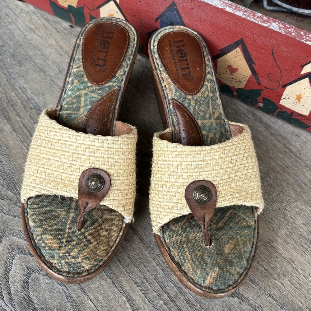 Born Women's Sz 8 "Miko" Cream Woven Rafia and Brown Leather Wedge Sandals Heels - Picture 2 of 9